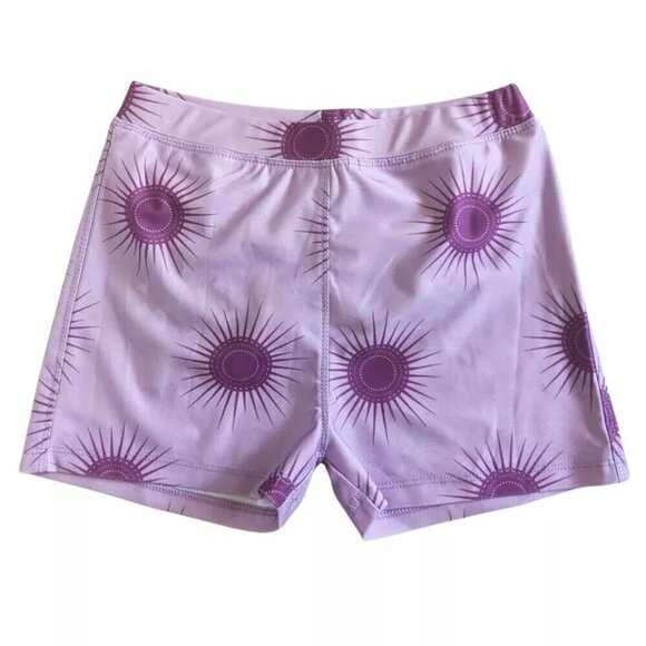 Kate Quinn Swim Shorts Trunks Spandex Lined Purple Sunburst Unisex Boys Girls 4T - Picture 1 of 4
